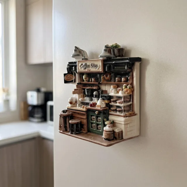 Miniature Resin Coffee Shop Fridge Magnet, Detailed Relief Kitchen Decor — product photo 6