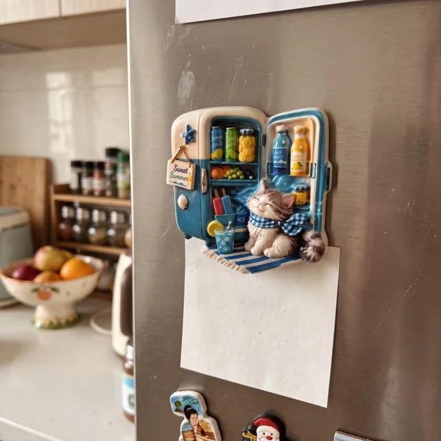 3D Resin Fridge Magnet: Cat in Mini Cooler Summer Kitchen Decor — product photo 3