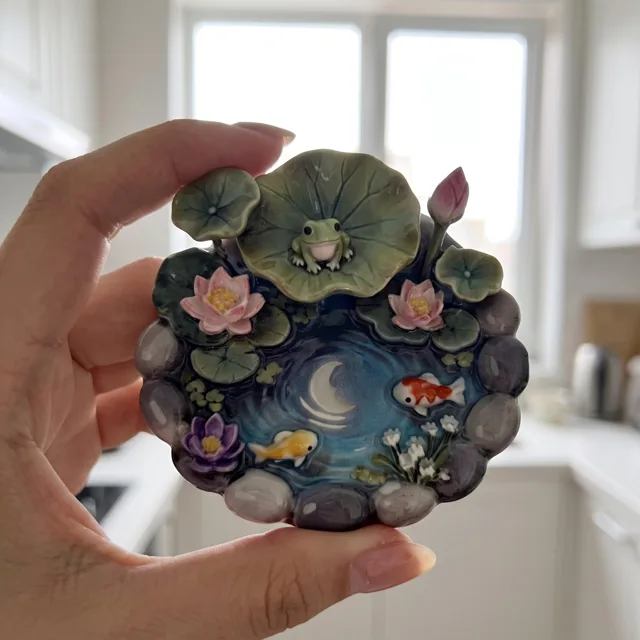 3D Relief Fridge Magnet, Pond Scene with Frog, Lotus and Goldfish — product photo 3
