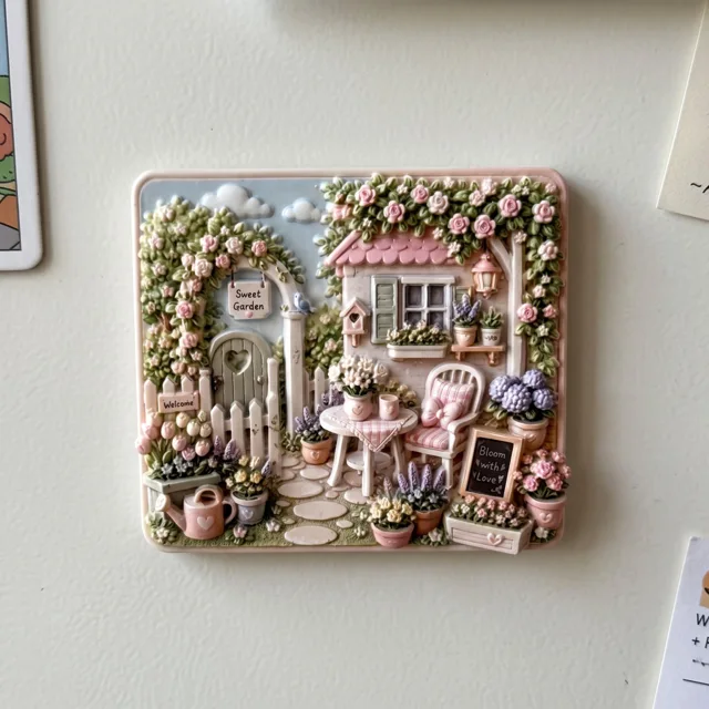 Fridge Magnet: Floral Garden Cottage Scene, Raised Resin Wall Decor — product photo 1