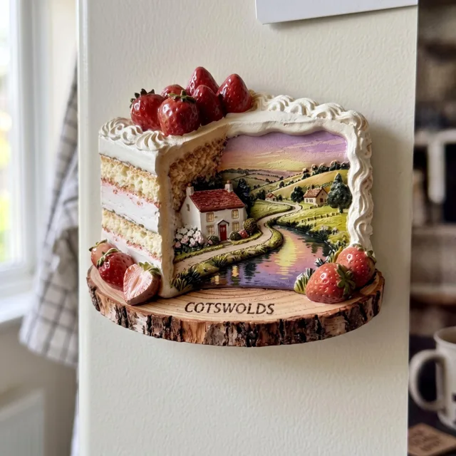 3D Refrigerator Magnet: Resin Strawberry Cake Slice and Cotswolds Landscape — product photo 1