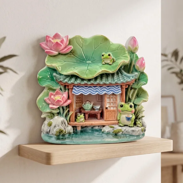 Refrigerator Magnet: Frog Cottage With Leaf Roof and Pink Flowers — product photo 5