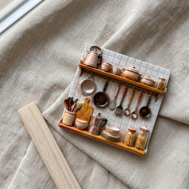 Refrigerator Magnet: Resin Relief Kitchen Shelf Scene With Miniature Cookware — product photo 6