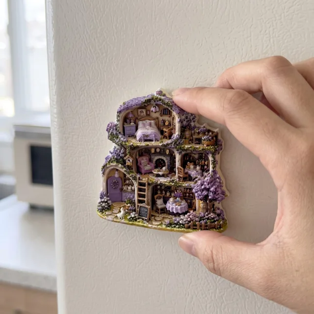 Refrigerator Magnet, Purple Miniature Cottage Scene with Floral Details — product photo 7