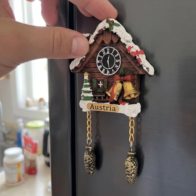 Snowy Cuckoo Clock House With Christmas Bells and Austria Plaque Refrigerator Magnet — product photo 6