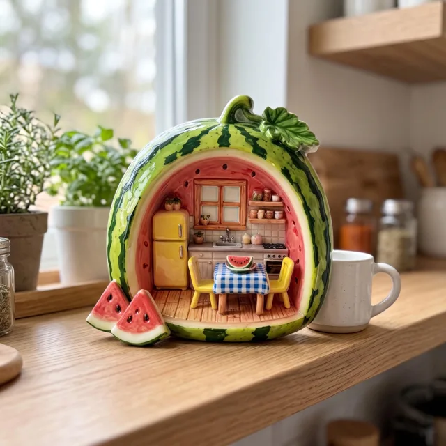 Watermelon Fridge Magnet With Miniature Kitchen Scene, Whimsical Refrigerator Decor — product photo 5