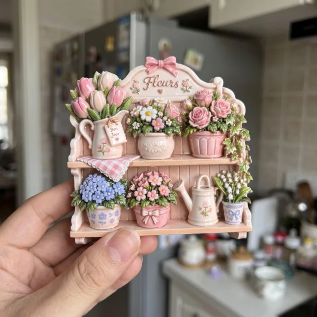 Refrigerator Magnet, Resin Flower Pot Shelf Garden Scene — product photo 1