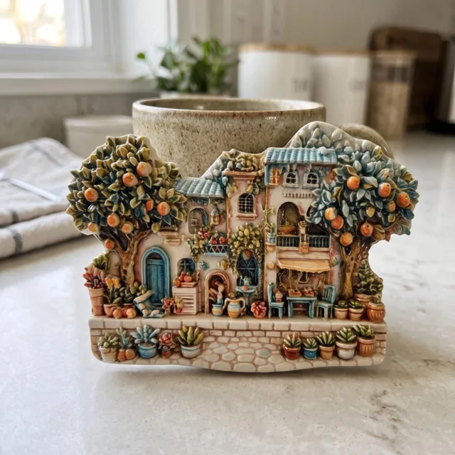 Mediterranean Village Fridge Magnet, Resin Cottage Scene with Fruit Trees and Potted Plants — product photo 2