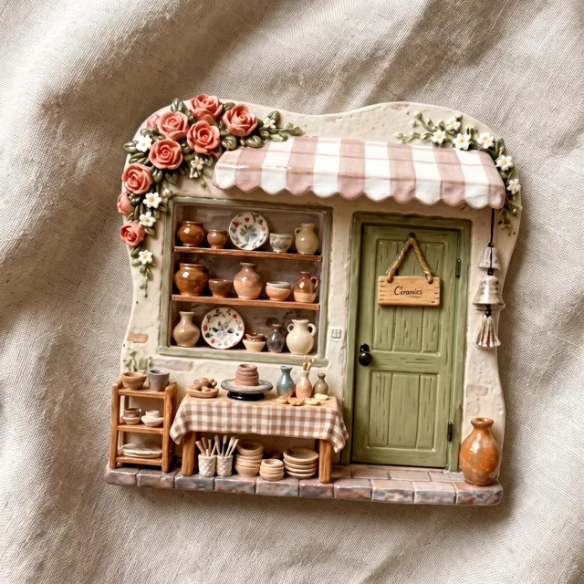 Resin Refrigerator Magnet: 3D Miniature Pottery Shop Scene With Floral Awning — product photo 4