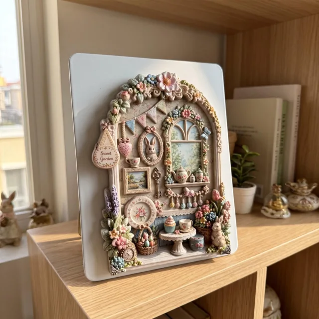 Rabbit Tea Party Resin Refrigerator Magnet, 3D Floral Cottage Scene — product photo 2