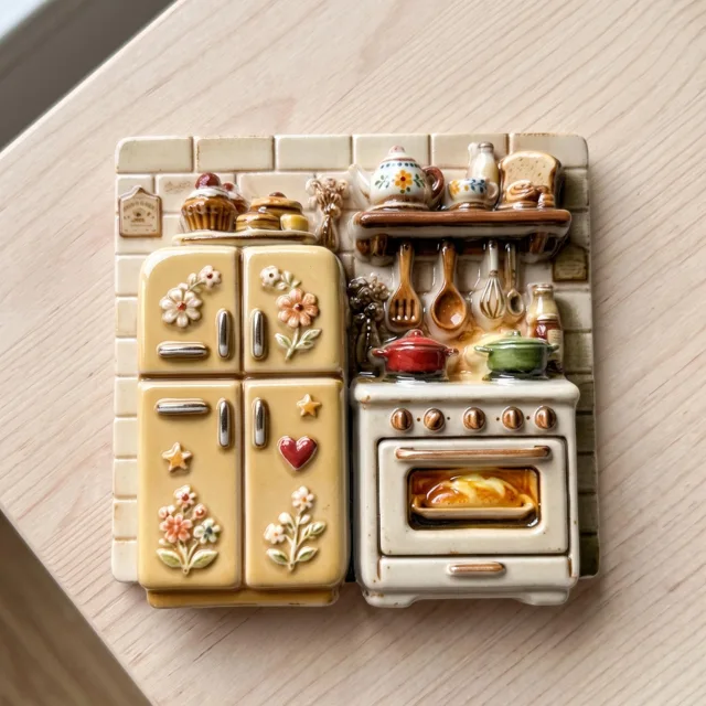 Vintage Kitchen Fridge Magnet with Raised Oven and Cabinet Scene — product photo 4