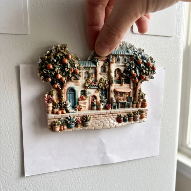 Mediterranean Village Fridge Magnet, Resin Cottage Scene with Fruit Trees and Potted Plants — product photo 5