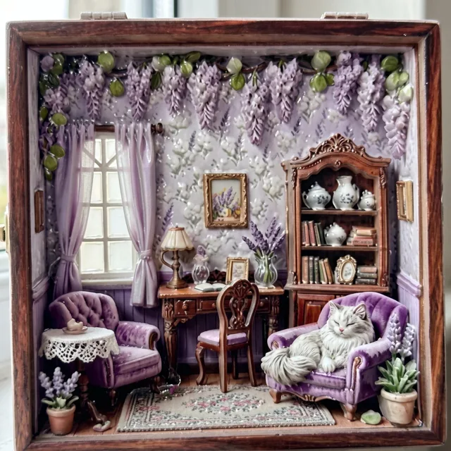 Miniature Room Scene Cat Purple Floral Decor Resin Fridge Magnet — product photo 2
