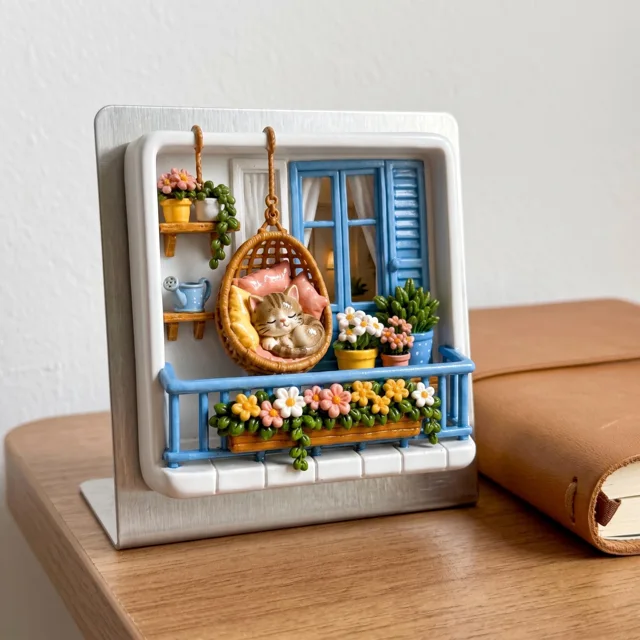 Resin Fridge Magnet: Raised Cat Balcony Scene With Colorful Flowers — product photo 11