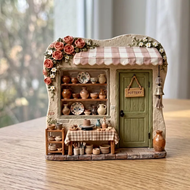 Resin Refrigerator Magnet: 3D Miniature Pottery Shop Scene With Floral Awning — product photo 9