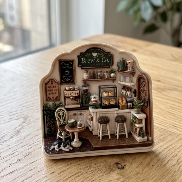 3D Coffee Shop Fridge Magnet: Miniature Cafe Scene Resin Relief Decor — product photo 5