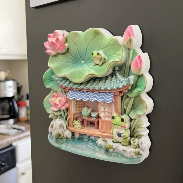 Refrigerator Magnet: Frog Cottage With Leaf Roof and Pink Flowers — product photo 9