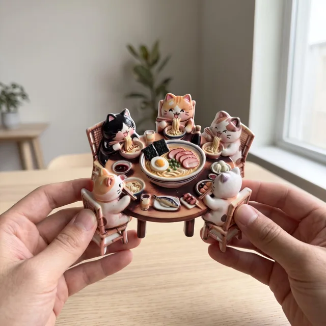 Fridge Magnet: Cat Noodle Table Scene, 3D Resin Kitchen Decor — product photo 5