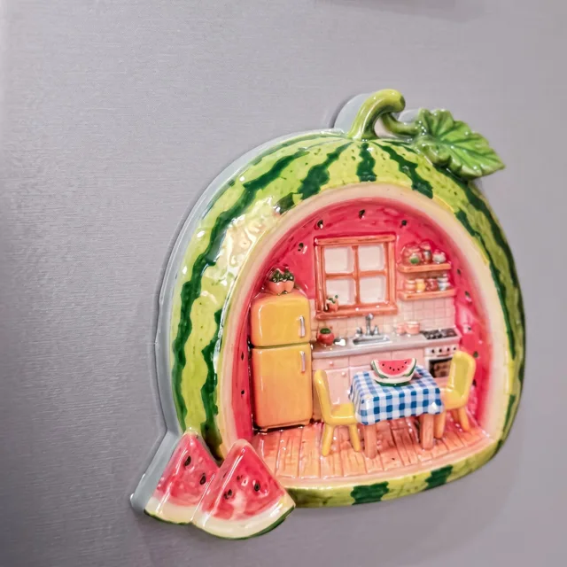 Watermelon Fridge Magnet With Miniature Kitchen Scene, Whimsical Refrigerator Decor — product photo 8