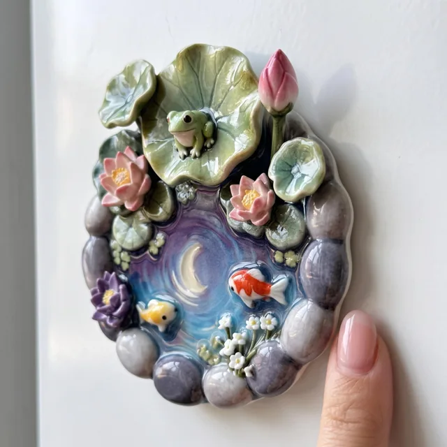 3D Relief Fridge Magnet, Pond Scene with Frog, Lotus and Goldfish — product photo 8