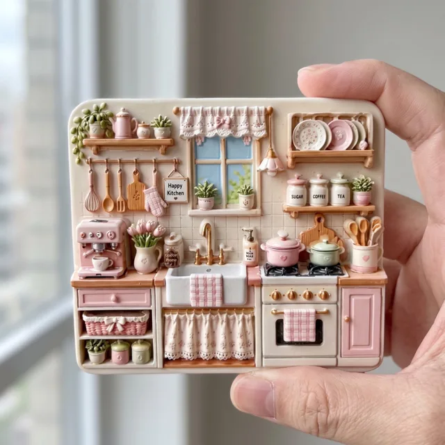 Resin Refrigerator Magnet: Miniature Pink Kitchen Scene With Raised Details — product photo 1