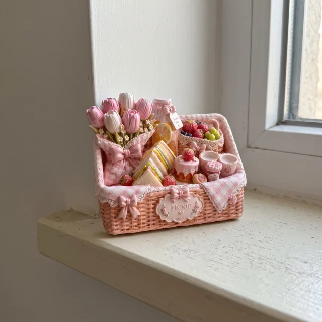 Picnic Basket Fridge Magnet, Pink Floral Food Scene Decor — product photo 5