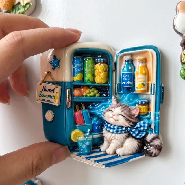 3D Resin Fridge Magnet: Cat in Mini Cooler Summer Kitchen Decor — product photo 5