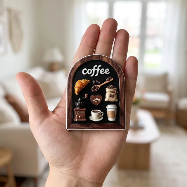 Coffee Fridge Magnet, 3D Relief Cafe Decor With Croissant and Coffee Cup — product photo 2