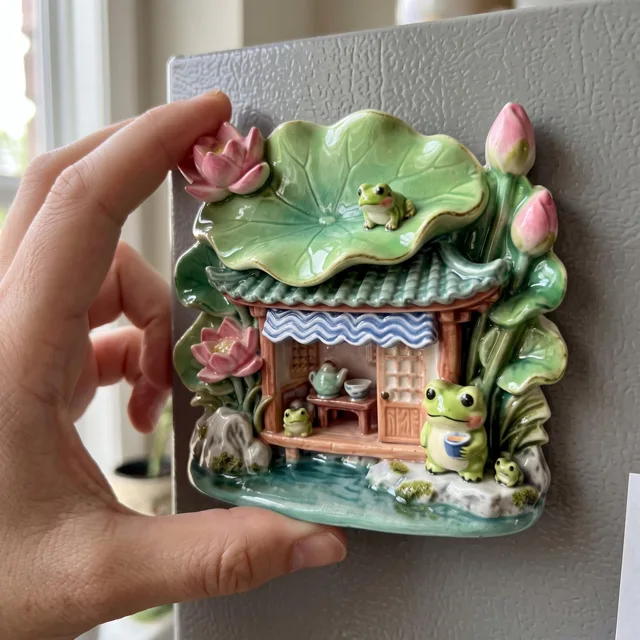 Refrigerator Magnet: Frog Cottage With Leaf Roof and Pink Flowers — product photo 11