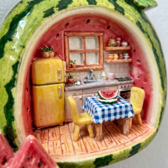 Watermelon Fridge Magnet With Miniature Kitchen Scene, Whimsical Refrigerator Decor — product photo 2
