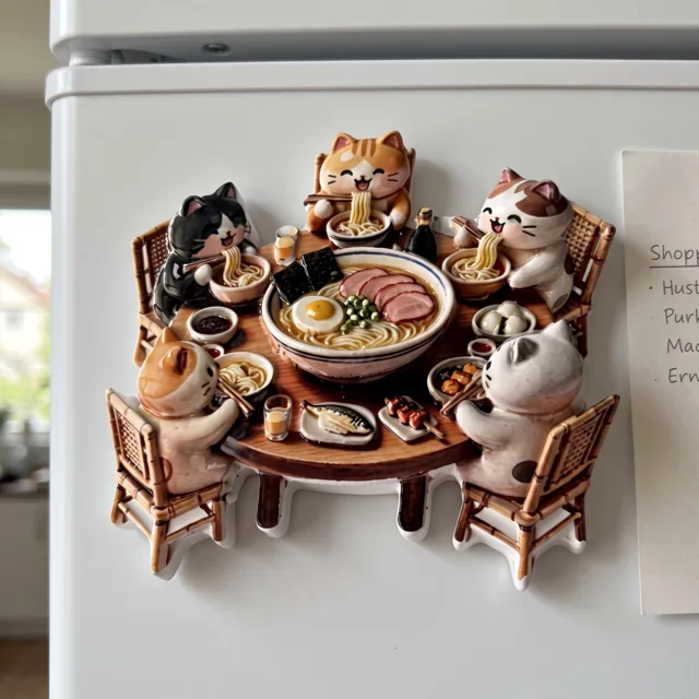 Fridge Magnet: Cat Noodle Table Scene, 3D Resin Kitchen Decor — product photo 4
