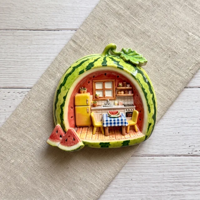 Watermelon Fridge Magnet With Miniature Kitchen Scene, Whimsical Refrigerator Decor — product photo 6