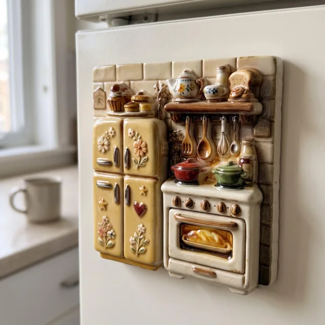 Vintage Kitchen Fridge Magnet with Raised Oven and Cabinet Scene — product photo 8