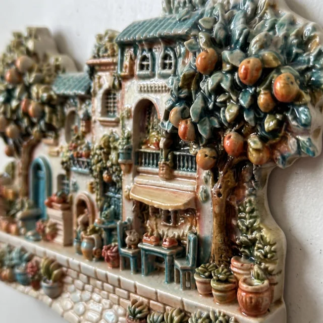Mediterranean Village Fridge Magnet, Resin Cottage Scene with Fruit Trees and Potted Plants — product photo 3