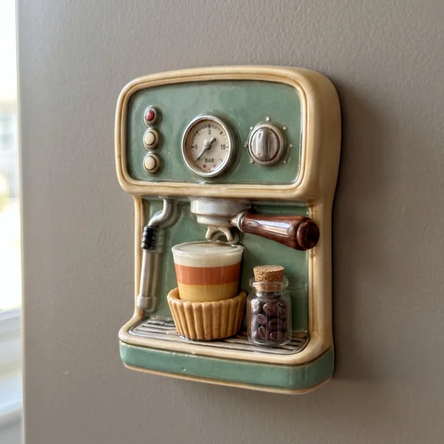 Refrigerator Magnet: Retro Green Espresso Machine 3D Sculpted Kitchen Decor — product photo 9
