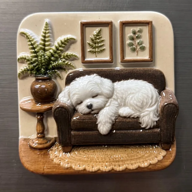 Refrigerator Magnet: Miniature White Dog on Cozy Brown Sofa — product photo 8