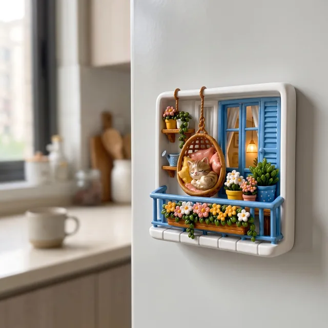 Resin Fridge Magnet: Raised Cat Balcony Scene With Colorful Flowers — product photo 9