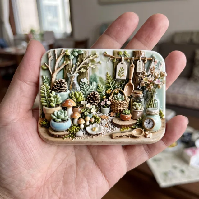 Botanical Refrigerator Magnet: 3D Relief Resin Succulent Garden Scene Decor — product photo 1