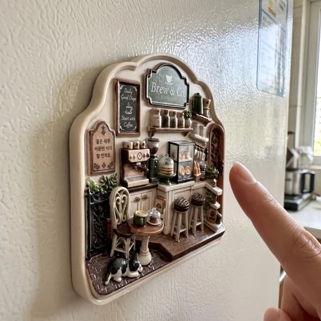 3D Coffee Shop Fridge Magnet: Miniature Cafe Scene Resin Relief Decor — product photo 7