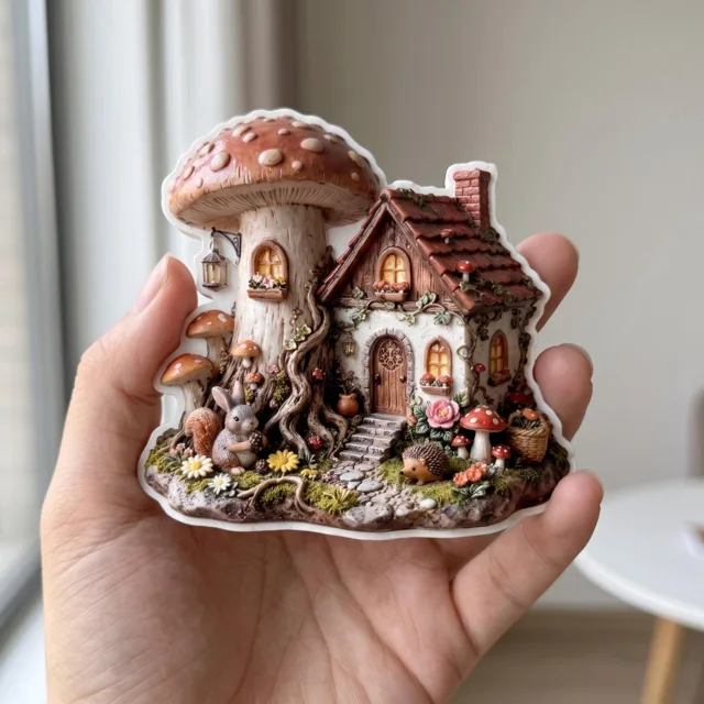 Resin Mushroom Cottage Magnet, Fairy House Fridge Decor, Woodland Kitchen Accent — product photo 1