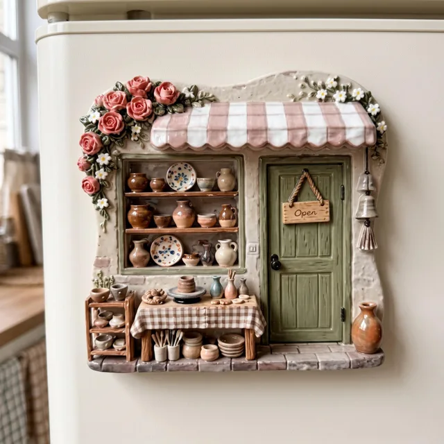 Resin Refrigerator Magnet: 3D Miniature Pottery Shop Scene With Floral Awning — product photo 8