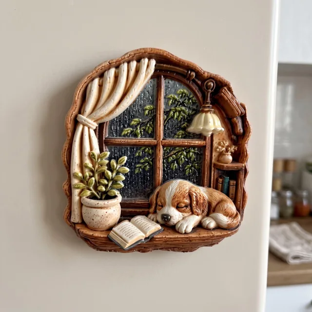 3D Fridge Magnet: Sleeping Dog by Rainy Window Relief Sculpture — product photo 1