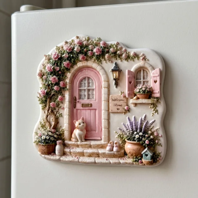 Refrigerator Magnet: 3D Resin Cottage Door, Floral Arch and Cat Relief — product photo 1