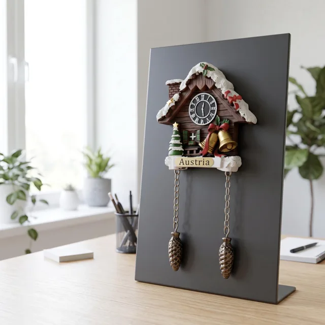 Snowy Cuckoo Clock House With Christmas Bells and Austria Plaque Refrigerator Magnet — product photo 3