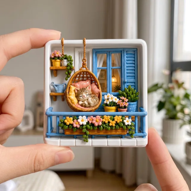 Resin Fridge Magnet: Raised Cat Balcony Scene With Colorful Flowers — product photo 7