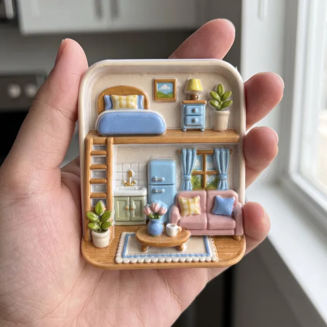 Fridge Magnet Miniature Room Scene With Cozy Home Decor and Plants — product photo 10