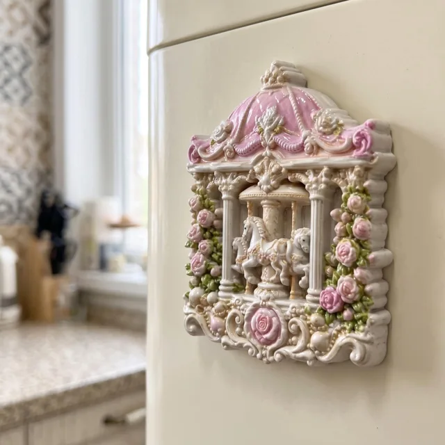 Resin Refrigerator Magnet, Ornate Carousel Horse and Pink Rose Decor — product photo 10