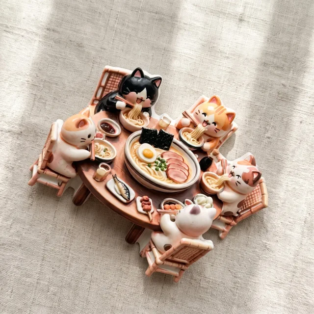 Fridge Magnet: Cat Noodle Table Scene, 3D Resin Kitchen Decor — product photo 8