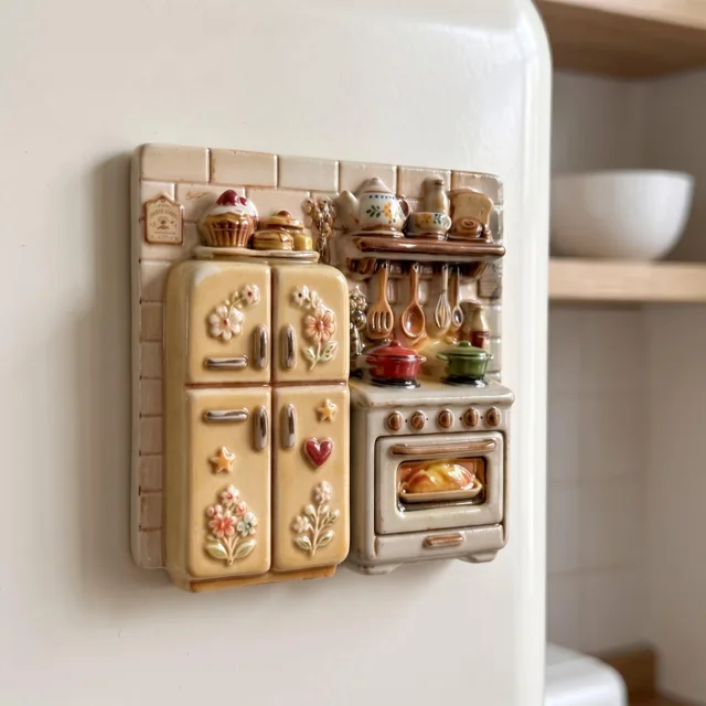 Vintage Kitchen Fridge Magnet with Raised Oven and Cabinet Scene — product photo 5