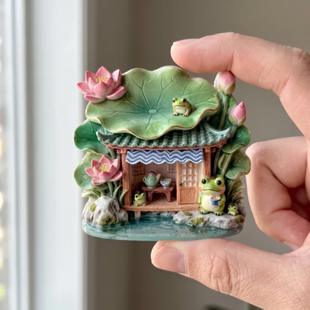 Refrigerator Magnet: Frog Cottage With Leaf Roof and Pink Flowers — product photo 13